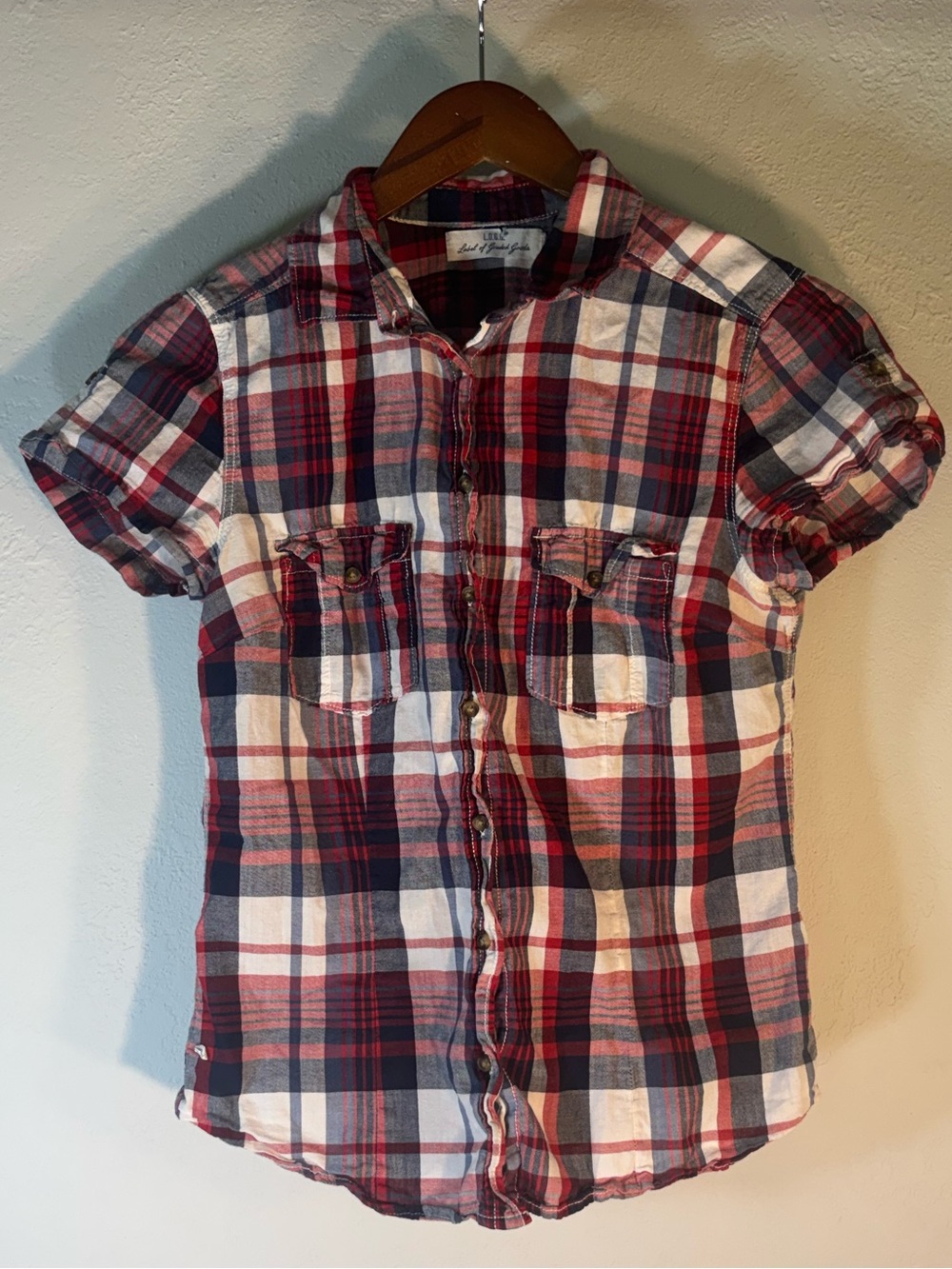 L.O.G.G. Short-Sleeve Plaid Button-Up Shirt - Red/White/Blue - Size Small